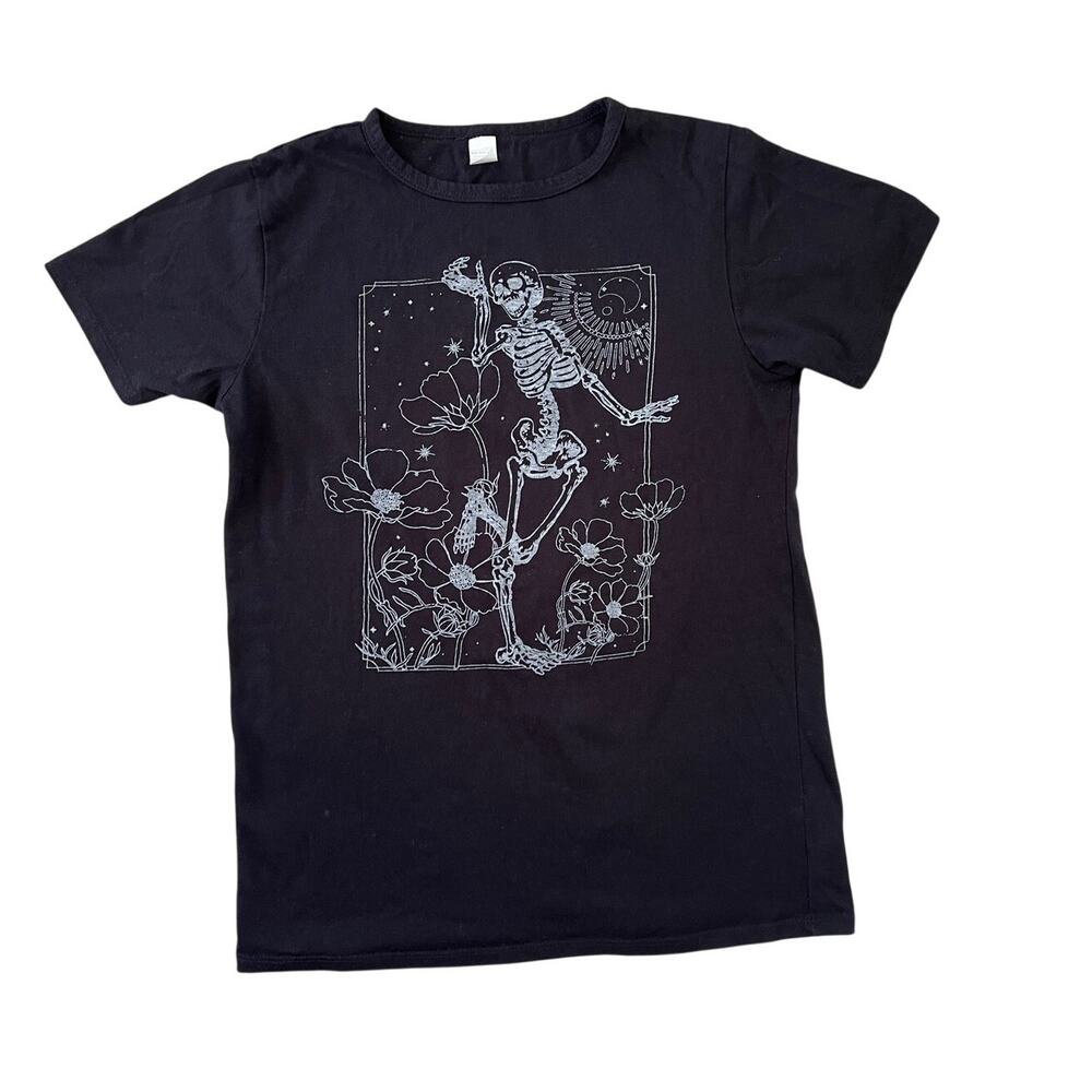 Dancing Skeleton Floral Graphic T-Shirt Black Tarot Moon Stars Halloween Large